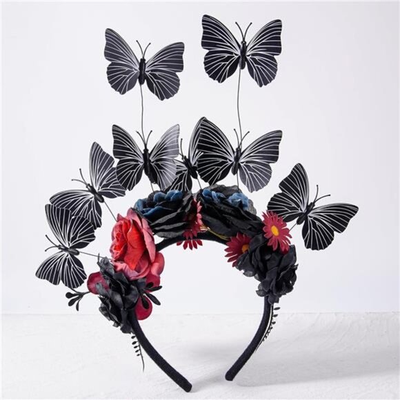 Black Butterfly Flower Headband | Gothic Monarch Butterfly Fascinator for Women - Picture 3 of 5